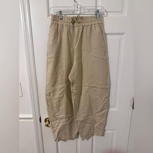 Zara Neutral Linen-Blend Drawstring Barrel Ankle Pants